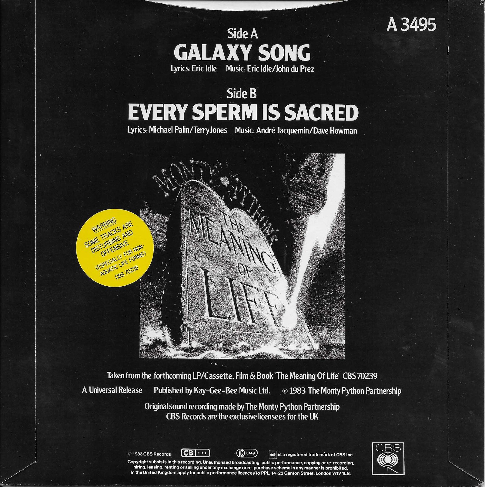 A 3495 Galaxy song Monty Python from the BBC records and Tapes library Back cover of A 3495